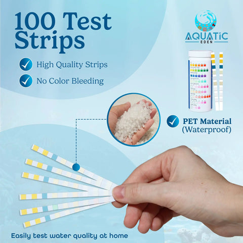 Nine In One Aquarium Water Test Kit With 100 Freshwater And Saltwater Test Strips Dialing Into PH Nitrate Nitrite And Chlorine Levels Along With Iron Copper And Alkalinity For Snappy Fish Tank Checks And Zero Drama in hand showing 100 test strips.