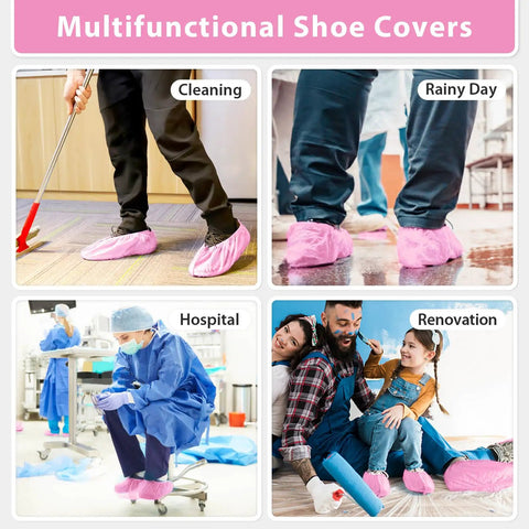 Collage of pink indoor shoe covers used for cleaning, rainy day, hospital, renovation; 100 Pack Disposable Indoor Shoe Covers Non Slip
