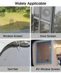 Heavy Duty Window Screen Repair Tape And Mesh Patch Kit 2 Inches By 16 Feet Long Black Adhesive Strip shown on various screen applications.