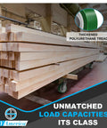 Heavy Duty Polyurethane Casters With Aluminum Core Wheels And Extra Thick Tread For Smooth Rolling And Kick Butt Performance In Industrial Warehouses Set Of 100, shown under wooden planks on a warehouse floor.