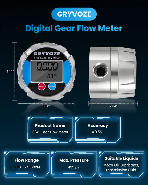 Front and side view of Three Quarter Inch NPT Gear Flow Meter for oil and coolants with ultra accurate readout and wide viscosity range.