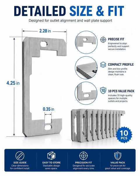 Premium Metal Wall Plate Spacers For Snapping Out Wonky Electrical Outlets And Locking In A Smooth Flush Fit For Straight Shot Home Repair Jobs With Zero Shake Or Wobble size 4.25 x 2.28 inches, galvanized steel design.