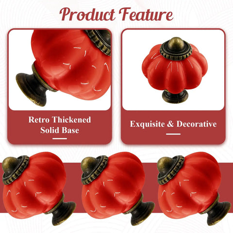 Set Of Eight Red Ceramic Pumpkin Knobs With Heavy Duty Zinc Base And Shiny Embossed Glaze For Vintage Cabinets And Kitchen Drawers showing decorative details.