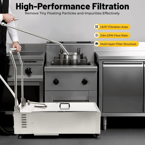 Heavy Duty 55L Commercial Fryer Filter System With Oil Filler Cart Truck Separator in a professional kitchen setting.