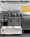Heavy Duty Mobile Fryer Filter Machine 14.5 Gallon Commercial Oil Filler Cart with stainless steel design and caster wheels in restaurant kitchen.