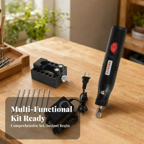 12V Electric Mini Drill Pen With Custom Speed Dial Ergonomic Compact Rotary Tool Lightweight Precision Carving Engraver with attachments on wood table.