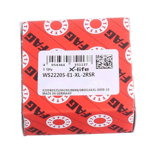 WS22205 Double Sealed Spherical Roller Bearing packaging with label, 25mm x 52mm x 23mm heavy duty unit.