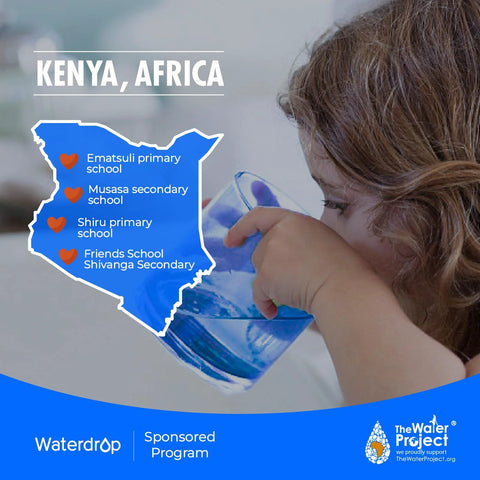 Waterdrop 3-pack replacement water filter for GE Opal Nugget ice maker; banner with Kenya map and Water Project branding