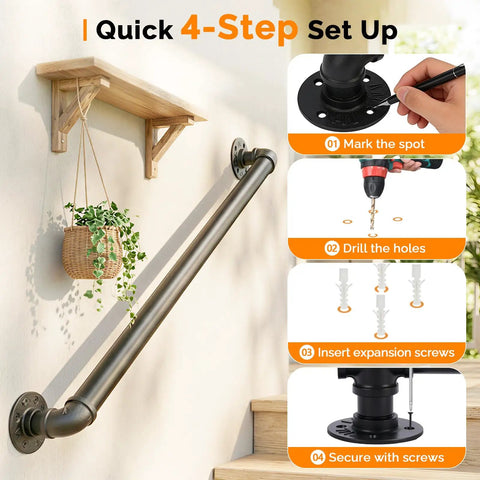 Rock Solid 3 Foot Adjustable Pipe Handrail For Indoor Outdoor Stairs Heavy Duty Wall Mounted Metal Safety Grab Bar Supporting 440 Lbs With No Sweat Setup For Bathrooms And Porches installation guide with black steel handrail and wooden shelf.