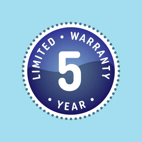 5-year limited warranty badge on a blue background