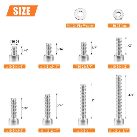 Heavy Duty Assorted Hex Socket Head Cap Screws Kit With Matching Nuts And Flat Washers 10-24 Coarse Thread 304 Stainless Steel sizes displayed