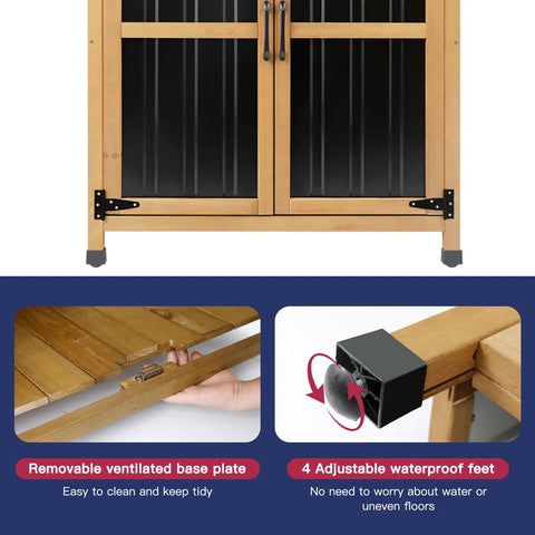 Outdoor Wood And Metal Storage Cabinet With Waterproof Roof for Garden Tools, showing T Hinges and adjustable feet detail.