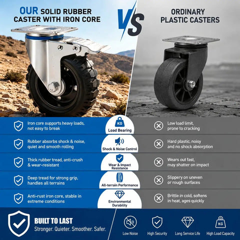 Set Of Four Five Inch Heavy Duty Caster Wheels Packed With Bully Solid Rubber Tires That Roll Smooth Across All Terrain built to withstand heavy loads.