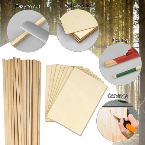 Unfinished Balsa Wood Sheets And Dowel Rods Craft Kit showing easy-to-cut basswood strips and versatile uses like dyeing and carving.