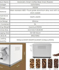 Premium Electric Coffee Roaster Machine Featuring 1500 Gram Drum Capacity And Smart Thermostat Controls, side view with coffee beans.