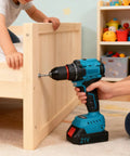 Rugged Brushless Cordless Drill Delivers 55 Nm Of Knob Twisting Torque And Twin Speed Settings For Crushing Wood Metal Or Masonry Work With A Locked Down 3/8 Inch Jaw And Authentic Us Plug, drilling into a wooden bed frame.