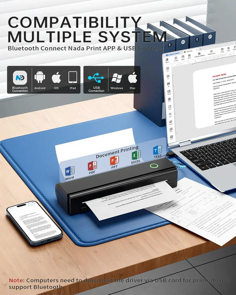Travel Ready Portable Bluetooth Thermal Printer For On The Go, Inkless N80 Wireless Printer next to a laptop and smartphone