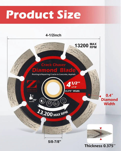 Heavy Duty Diamond Crack Chaser Blade For Concrete Repair Work Built Tough To Chew Through Pavement On Any Standard 4 5 Inch Angle Grinder Featuring A Secure 7 8 Inch Arbor And A Razor Sharp Cut showing dimensions of 4-1/2 inch blade.