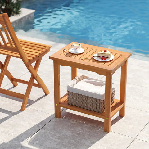 Acacia Wood Outdoor Side Table With Slatted Top And Two Tier Storage Shelf For Backyard Poolside Patio Or Indoor Use Built To Last In Natural Finish No Fuss Durability, by pool