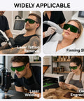 Heavy Duty Blue Laser Safety Glasses With OD4 Plus Lens Block 400nm To 500nm Wavelengths For Engraving Workbenches And DIY Crews in use during laser treatments.