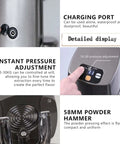 Detail view of Automatic Espresso Tamper With Smart Sensor, showcasing charging port, pressure adjustment, and 58mm powder hammer.
