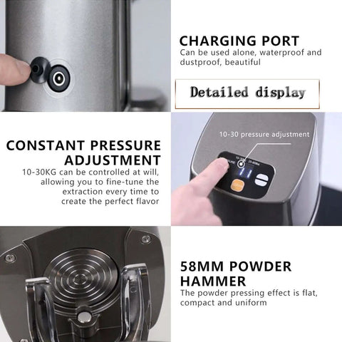 Detail view of Automatic Espresso Tamper With Smart Sensor, showcasing charging port, pressure adjustment, and 58mm powder hammer.