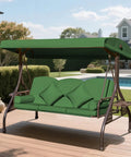 3 Seat Patio Swing With Canopy Convertible Outdoor Swing Bed With Thick Cushions And Pillows Cup Holders 135 Degree Adjustable Hardtop Canopy Shade For Backyard Garden Or Deck Green on wooden deck