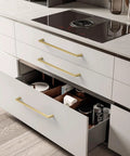 Heavy Duty Gold Cabinet Pulls Six Pack 11.3 Inch Boss Grade Kitchen Drawer Handles on modern white cabinetry.