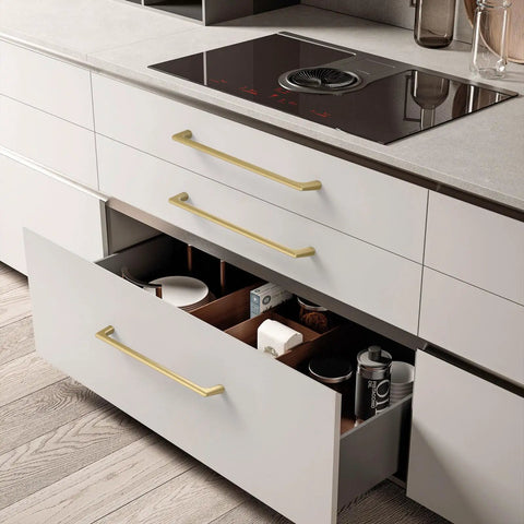 Heavy Duty Gold Cabinet Pulls Six Pack 11.3 Inch Boss Grade Kitchen Drawer Handles on modern white cabinetry.