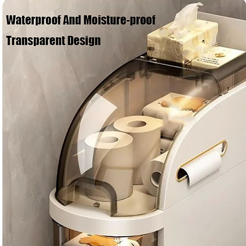 Slick Rolling Storage Cart Featuring Smooth Slide Out Acrylic Compartments And A Removable Ventilated Lid For Keeping Your Space Fresh And Totally Sorted, showing tissue rolls and transparent lid.