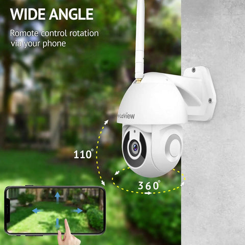 Outdoor Security Camera 1080P HD WiFi With 360 Pan Tilt Night Vision Two Way Audio IP65 Weatherproof mounted on wall.