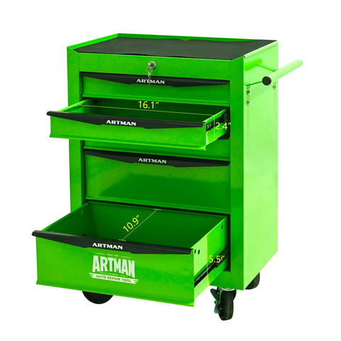 Heavy Duty 21 Inch Rolling Tool Cart With Lockable Steel Storage Cabinet And Slick Glide Ball Bearing Casters For Rapid Garage Workflow In Fresh Green close-up of open drawers with measurements.