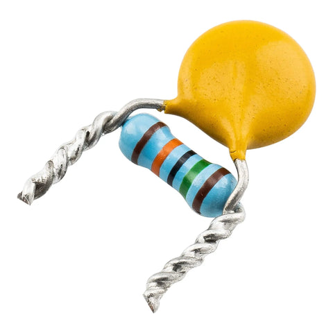 Electric Guitar Treble Bleed Mod Kit featuring .001uF ceramic capacitor and 150K resistor close-up with yellow capacitor and striped resistor.