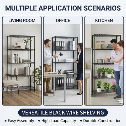 Rock Solid Five Tier Heavy Duty Wire Shelving Unit With Adjustable Metal Storage Shelves For Garage Closet Pantry, Black Corrosion Resistant Rack in living room, office, and kitchen settings.
