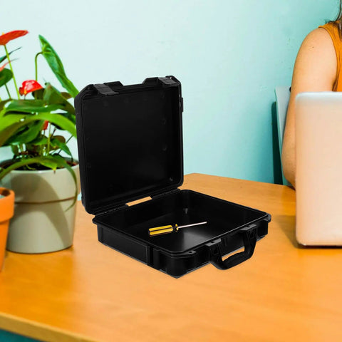 Hella Practical PP Plastic Toolbox With Secure Lock, Savage Electric Drill Carry Case And Nifty Small Parts Organizer For Wet Weather Jobs And Daily Grind on table with screwdriver inside.
