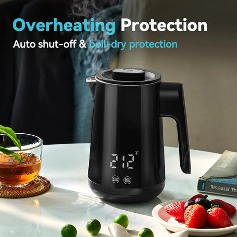 Black 850Ml Small Electric Kettle With Temperature Control Your Quick Heat Buddy 800W Fast Boil Double Wall 304 Stainless Steel Five Temperature Presets Auto Shut Off Safe For Tea And Coffee Compact Kitchen Office Dorm Black on table.