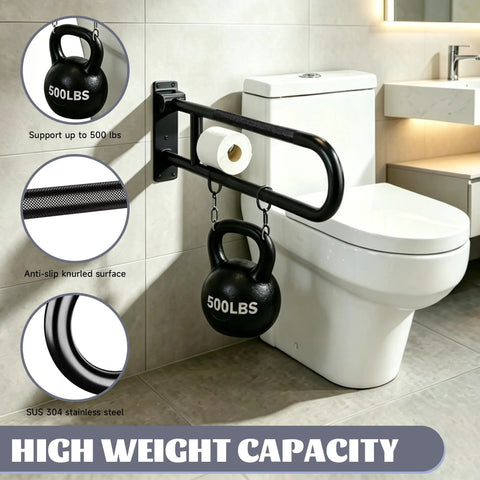 Rock Solid 22.5 Inch Toilet Grab Bar With Non Slip Flip Up Design And Built In Paper Holder Hella Sturdy 304 Stainless Steel Bathroom Safety Rails For Seniors And Heavy Duty Use mounted next to a toilet.