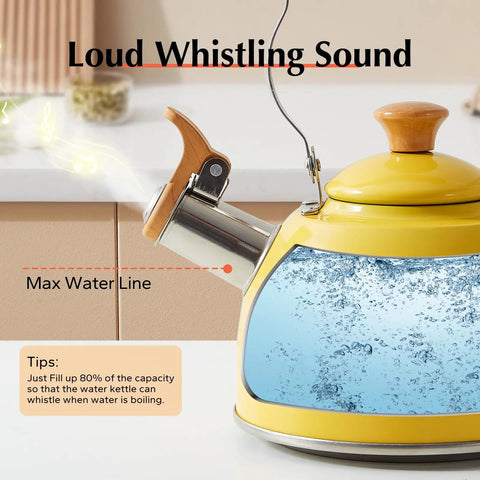 Yellow 1.6 Quart Tea Kettle With Cool Touch Wooden Handle Food Grade Stainless Steel Stovetop Teapot Whistling Kettle For Easy Pour Ergonomic Grip Safe Heat Resistant Kitchen Accessory on kitchen counter, close-up view of spout and boiling water.
