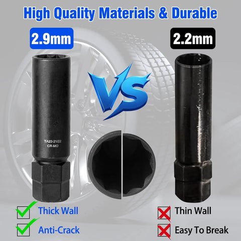 Beefed Up 10 Spline Lug Nut Socket With Key Set 2.9mm Wall Resists Cracks Breaks comparison with 2.2mm socket design.