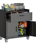 Heavy Duty 35 Inch Tool Storage Cabinet With Slick Rolling Lockable Casters And No Fuss Adjustable Shelving For Garage Workshop Gear Caddy Organization Matte Black, showing open drawer and shelves with tools.