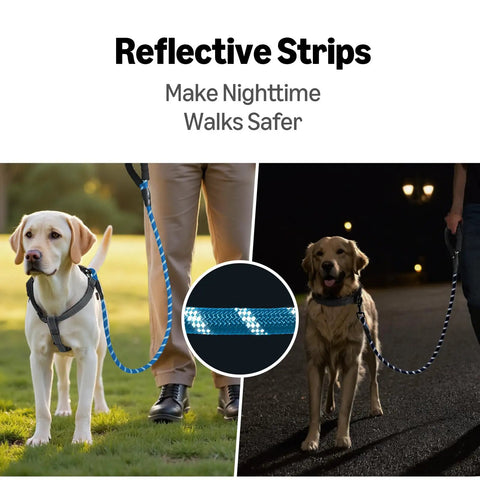 Built Tough Heavy Duty Round Dog Leash Featuring A Comfy Cushioned Grip Handle And Durable Recycled Polyester Rope Perfect For Daily Strolls And Pup Training Adventures In Blue Six Feet with reflective strips for safer nighttime walks.