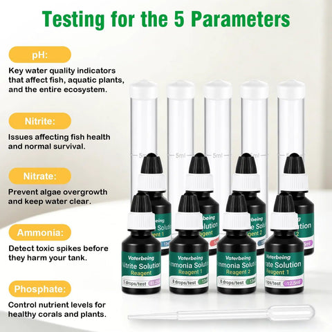 5 In 1 Aquarium Water Test Kit Keeps Your Fish Tank Hella Clean By Checking Ph Ammonia Nitrite Nitrate And Phosphate with test tubes and reagent bottles.