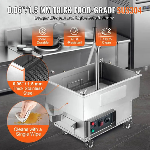 Wlikoci Commercial Mobile Fryer Filter Machine With 18 Litre Oil Tank And 10 Liter Per Minute Fast Filtration Speed For Deep Frying Grease Cleaning Portable Heavy Duty Restaurant Kitchen Equipment, made of 0.06 inch thick SUS304 stainless steel.