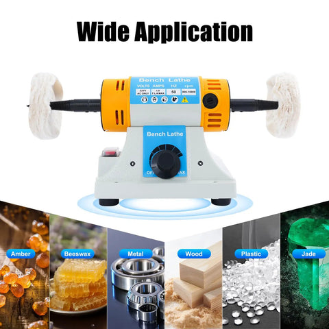 Heavy Duty Top Notch 320W Variable Speed Bench Polisher Built Like A Tank For Jewelry Crafters And Weekend Warriors Featuring Knockout RPM And Sweet Cooling Vents with polishing wheels and control dial.