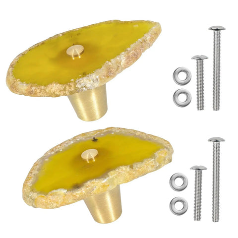 Get Your Hands On This Knockout Set Of Four Yellow Agate Slice Cabinet Knobs Featuring Real Geode Stone Slices With Included Screws To Amp Up Your Kitchen Cabinets And Drawers For A Chic Boho Vibe That Slaps. Yellow agate cabinet knobs with brass base and screws.