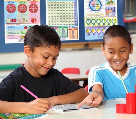 Killer Grade Two Math Anchor Charts Set Pack Includes Ten Slick Twelve By Eighteen Inch Wall Posters Paired With A No Brainer Twenty Five Page Review Guide Built For Busy Educators And Homeschool Parents Today. Two boys using math charts and workbook.