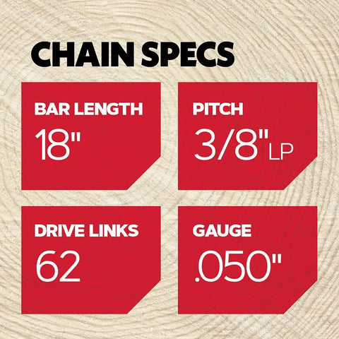 Specifications for Two Pack Three Eighths Inch Low Profile Saw Chain With .050 Inch Gauge 1.3 mm For Eighteen Inch Bar Sixty Two Drive Links