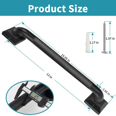 Rock Solid 12 Inch Square Shower Grab Bar in Matte Black with Killer Knurled Grip, dimensions shown on a measuring tool.