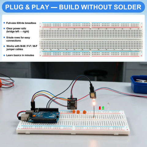 Heavy Duty 1530 Piece Electronics Component Kit Featuring Breadboard with Arduino setup, LEDs, jumper wires, and circuit elements.