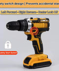 No Fuss Brushless Cordless Drill With Adjustable Torque And Smooth Variable Speed Trigger Built Like A Tank To Crush Daily Job Site Grind While Pumping Out Reliable Muscle showing safety switch for accidental startup prevention.